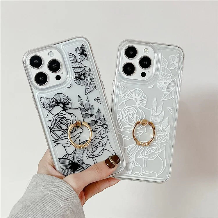 For iPhone 15 Pro Max Phone Case with Ring Holder Flower Pattern TPU Phone Cover