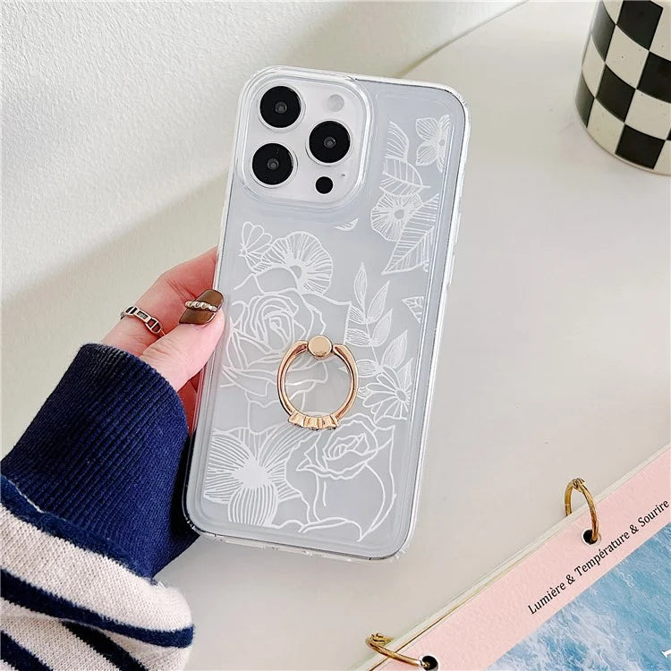 For iPhone 15 Pro Max Phone Case with Ring Holder Flower Pattern TPU Phone Cover