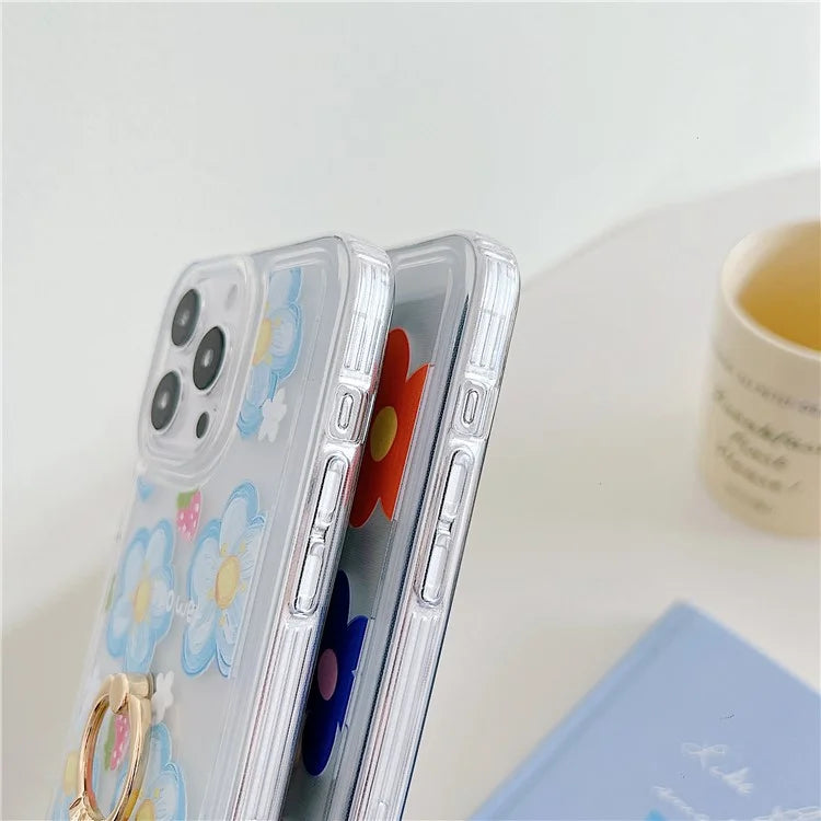 For iPhone 15 Pro Max Phone Case with Ring Holder Flower Pattern TPU Phone Cover