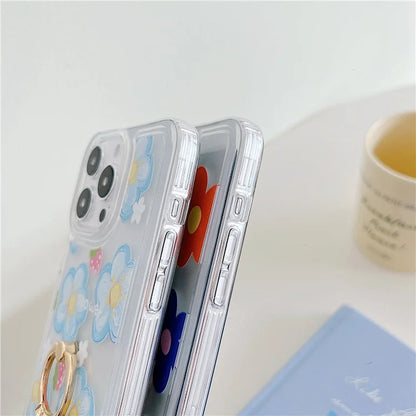 For iPhone 15 Pro Max Phone Case with Ring Holder Flower Pattern TPU Phone Cover