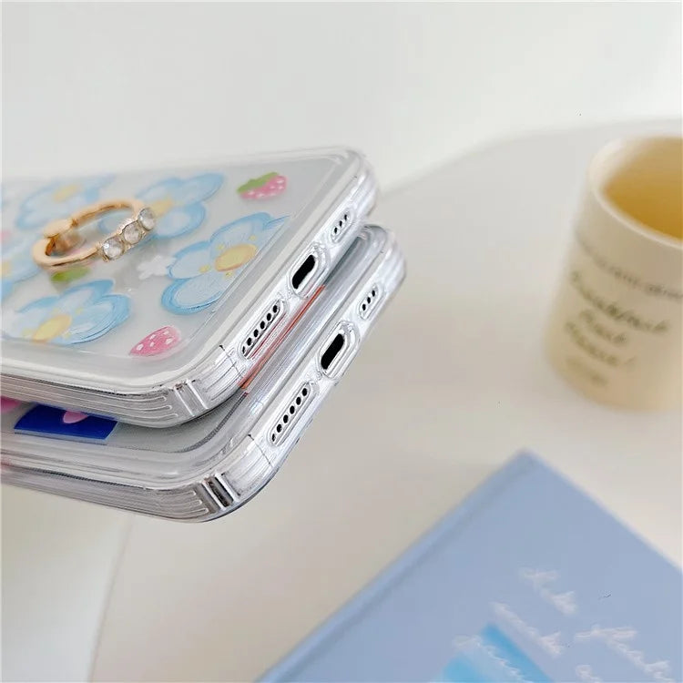 For iPhone 15 Pro Max Phone Case with Ring Holder Flower Pattern TPU Phone Cover