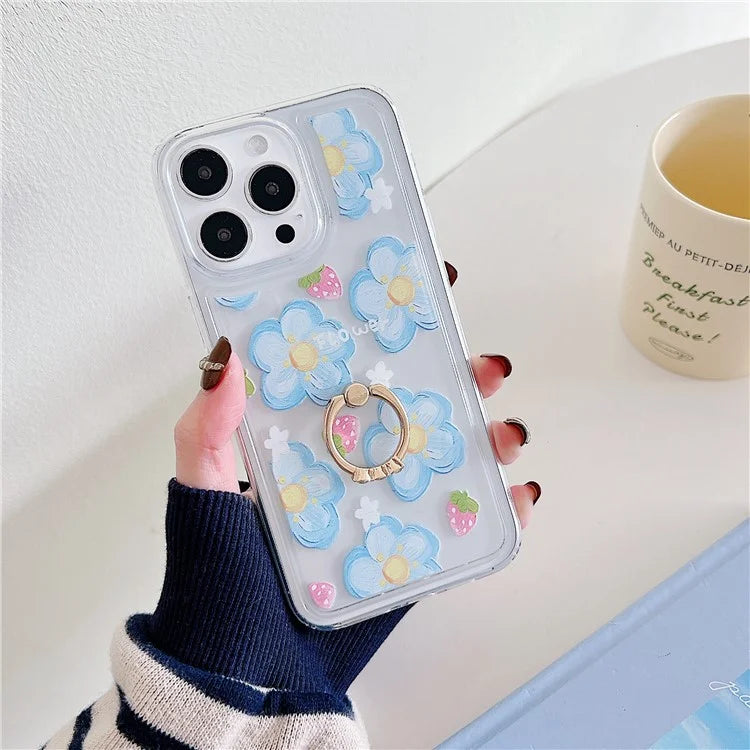 For iPhone 15 Pro Max Phone Case with Ring Holder Flower Pattern TPU Phone Cover