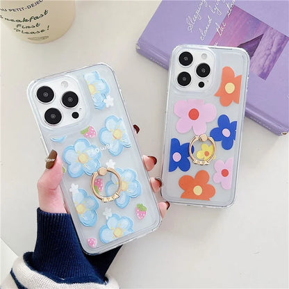 For iPhone 15 Pro Max Phone Case with Ring Holder Flower Pattern TPU Phone Cover