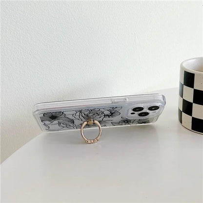 For iPhone 15 Pro Max Phone Case with Ring Holder Flower Pattern TPU Phone Cover