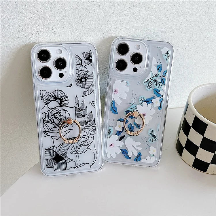 For iPhone 15 Pro Max Phone Case with Ring Holder Flower Pattern TPU Phone Cover
