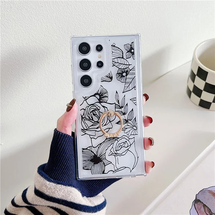 For Samsung Galaxy S24 Ultra Case Airbag TPU Kickstand Phone Cover Floral Stylish Aesthetic