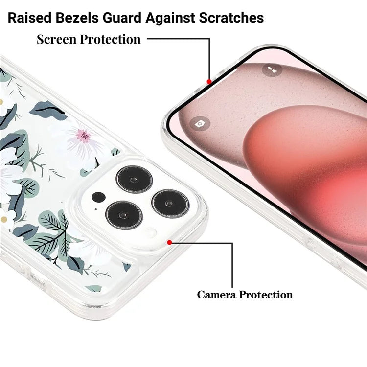 For iPhone 15 Pro Max Clear Case Drop-resistant TPU Flower Printing Pattern Protective Shell