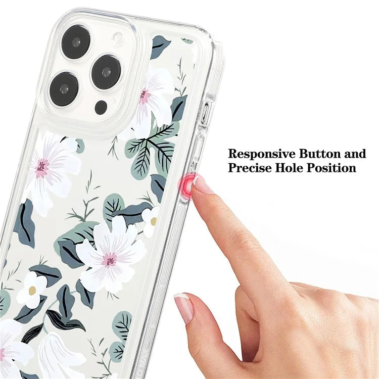 For iPhone 15 Pro Max Clear Case Drop-resistant TPU Flower Printing Pattern Protective Shell