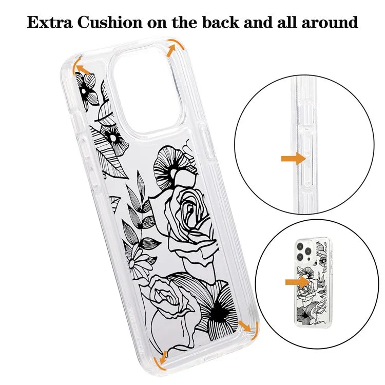 For iPhone 15 Pro Max Clear Case Drop-resistant TPU Flower Printing Pattern Protective Shell
