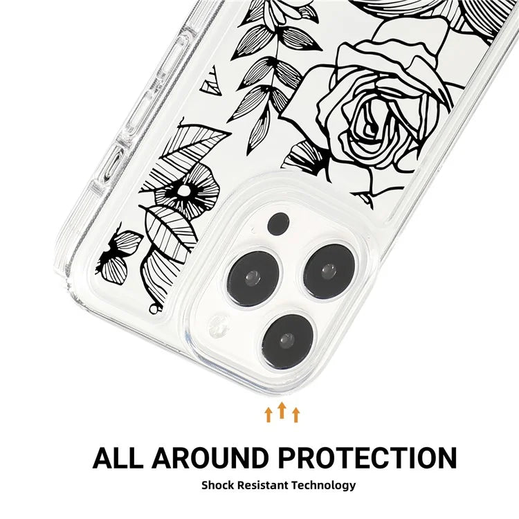 For iPhone 15 Pro Max Clear Case Drop-resistant TPU Flower Printing Pattern Protective Shell
