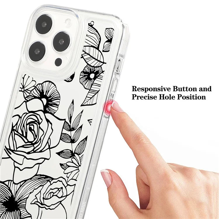 For iPhone 15 Pro Max Clear Case Drop-resistant TPU Flower Printing Pattern Protective Shell