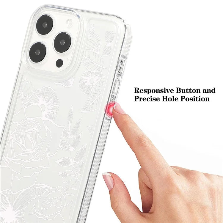 For iPhone 15 Pro Max Clear Case Drop-resistant TPU Flower Printing Pattern Protective Shell