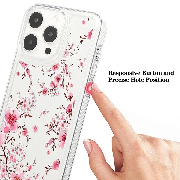 For iPhone 15 Pro Max Clear Case Drop-resistant TPU Flower Printing Pattern Protective Shell