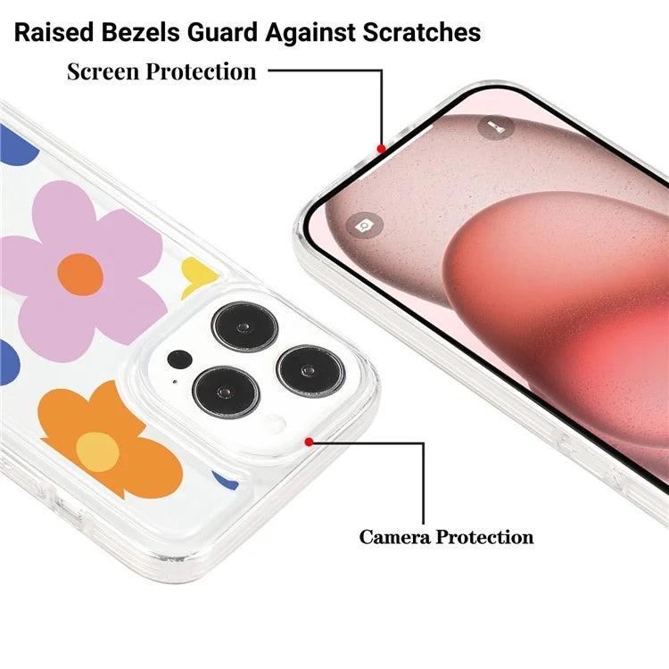 For iPhone 15 Pro Max Clear Case Drop-resistant TPU Flower Printing Pattern Protective Shell
