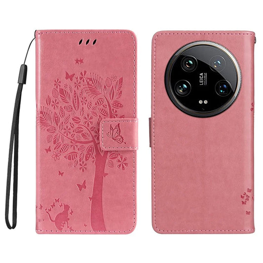 KT Imprinting Flower Series-3 For Xiaomi 14 Ultra Wallet Phone Case Cat Tree Pattern Leather Cover