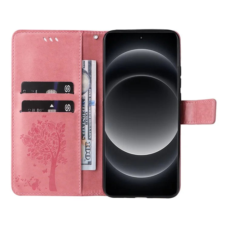 KT Imprinting Flower Series-3 For Xiaomi 14 Ultra Wallet Phone Case Cat Tree Pattern Leather Cover