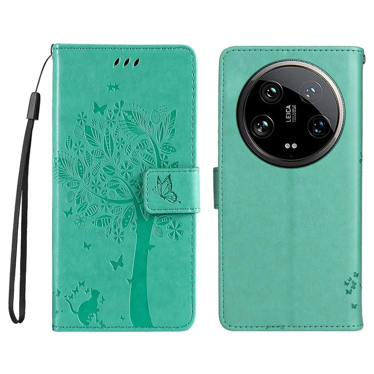 KT Imprinting Flower Series-3 For Xiaomi 14 Ultra Wallet Phone Case Cat Tree Pattern Leather Cover