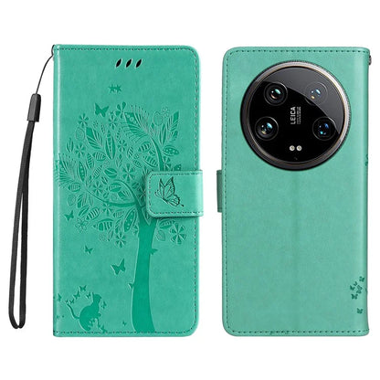 KT Imprinting Flower Series-3 For Xiaomi 14 Ultra Wallet Phone Case Cat Tree Pattern Leather Cover
