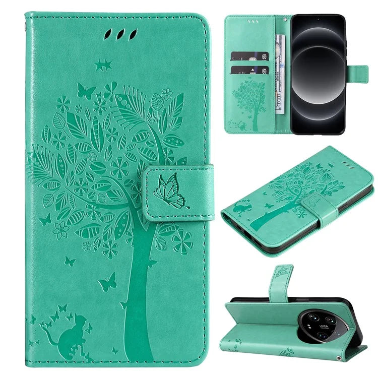 KT Imprinting Flower Series-3 For Xiaomi 14 Ultra Wallet Phone Case Cat Tree Pattern Leather Cover