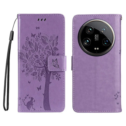 KT Imprinting Flower Series-3 For Xiaomi 14 Ultra Wallet Phone Case Cat Tree Pattern Leather Cover