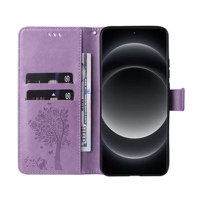 KT Imprinting Flower Series-3 For Xiaomi 14 Ultra Wallet Phone Case Cat Tree Pattern Leather Cover