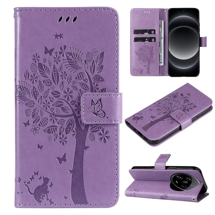 KT Imprinting Flower Series-3 For Xiaomi 14 Ultra Wallet Phone Case Cat Tree Pattern Leather Cover