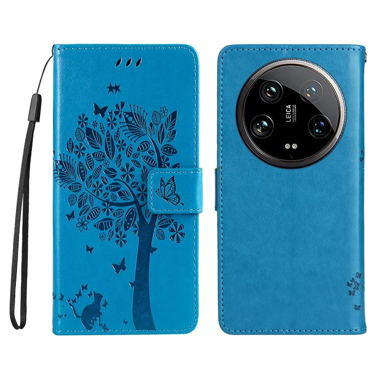 KT Imprinting Flower Series-3 For Xiaomi 14 Ultra Wallet Phone Case Cat Tree Pattern Leather Cover