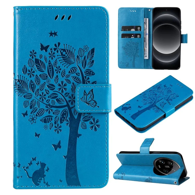 KT Imprinting Flower Series-3 For Xiaomi 14 Ultra Wallet Phone Case Cat Tree Pattern Leather Cover