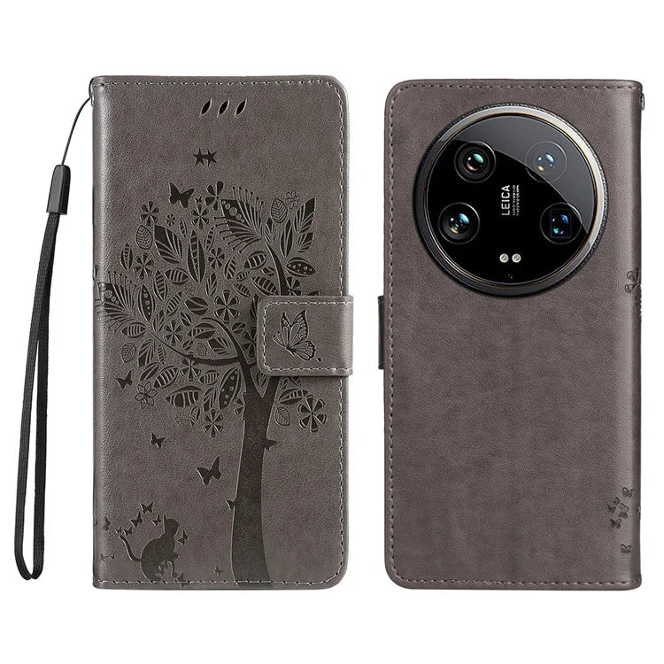 KT Imprinting Flower Series-3 For Xiaomi 14 Ultra Wallet Phone Case Cat Tree Pattern Leather Cover