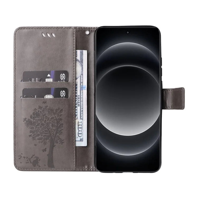 KT Imprinting Flower Series-3 For Xiaomi 14 Ultra Wallet Phone Case Cat Tree Pattern Leather Cover