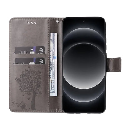 KT Imprinting Flower Series-3 For Xiaomi 14 Ultra Wallet Phone Case Cat Tree Pattern Leather Cover