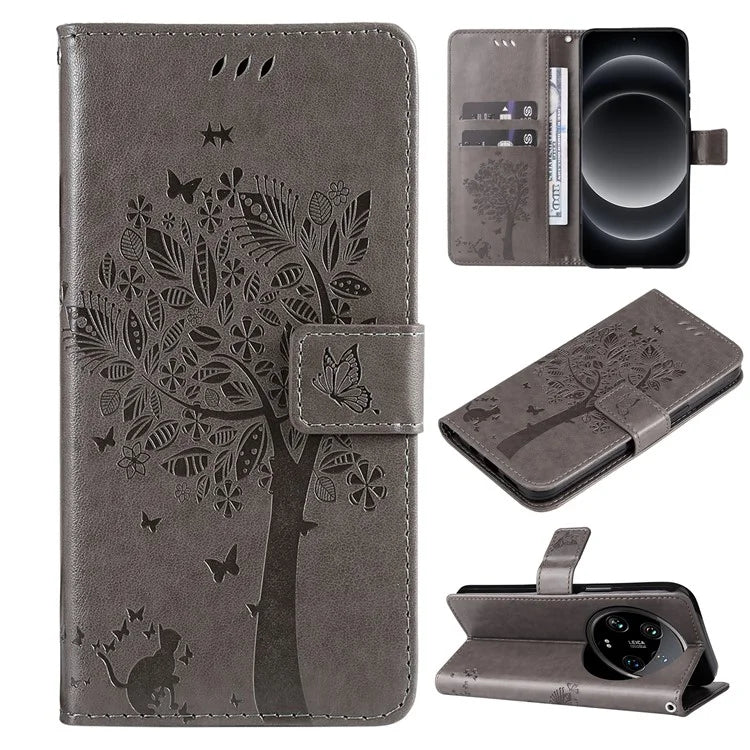 KT Imprinting Flower Series-3 For Xiaomi 14 Ultra Wallet Phone Case Cat Tree Pattern Leather Cover