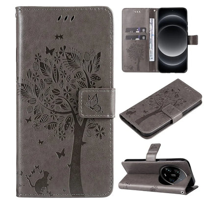 KT Imprinting Flower Series-3 For Xiaomi 14 Ultra Wallet Phone Case Cat Tree Pattern Leather Cover
