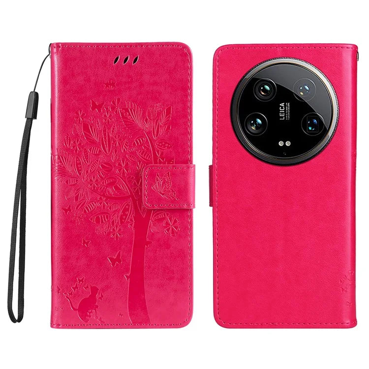 KT Imprinting Flower Series-3 For Xiaomi 14 Ultra Wallet Phone Case Cat Tree Pattern Leather Cover