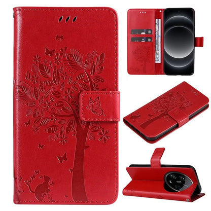 KT Imprinting Flower Series-3 For Xiaomi 14 Ultra Wallet Phone Case Cat Tree Pattern Leather Cover