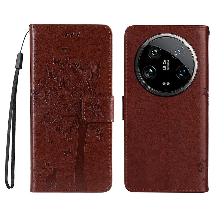 KT Imprinting Flower Series-3 For Xiaomi 14 Ultra Wallet Phone Case Cat Tree Pattern Leather Cover