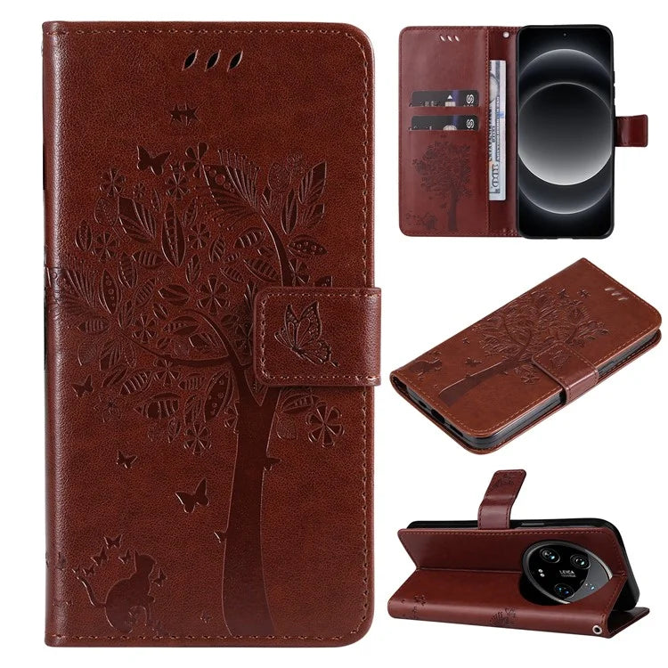 KT Imprinting Flower Series-3 For Xiaomi 14 Ultra Wallet Phone Case Cat Tree Pattern Leather Cover