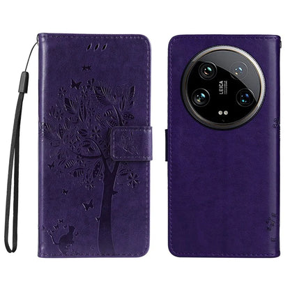 KT Imprinting Flower Series-3 For Xiaomi 14 Ultra Wallet Phone Case Cat Tree Pattern Leather Cover