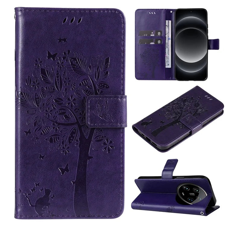 KT Imprinting Flower Series-3 For Xiaomi 14 Ultra Wallet Phone Case Cat Tree Pattern Leather Cover