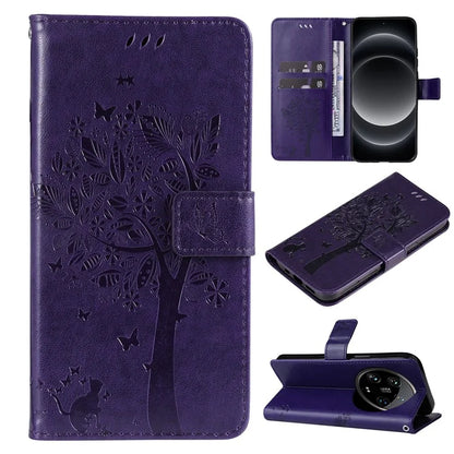 KT Imprinting Flower Series-3 For Xiaomi 14 Ultra Wallet Phone Case Cat Tree Pattern Leather Cover