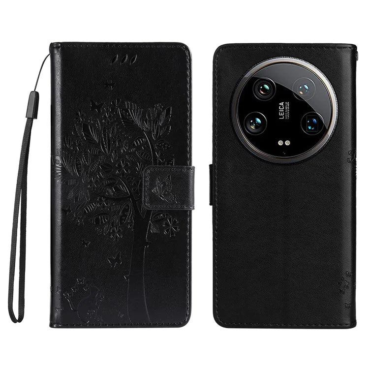 KT Imprinting Flower Series-3 For Xiaomi 14 Ultra Wallet Phone Case Cat Tree Pattern Leather Cover