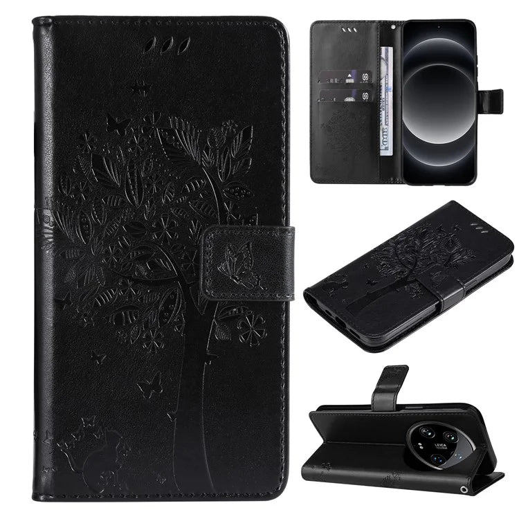 KT Imprinting Flower Series-3 For Xiaomi 14 Ultra Wallet Phone Case Cat Tree Pattern Leather Cover