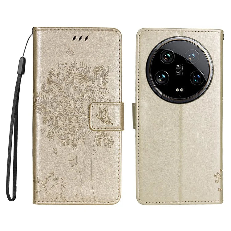 KT Imprinting Flower Series-3 For Xiaomi 14 Ultra Wallet Phone Case Cat Tree Pattern Leather Cover