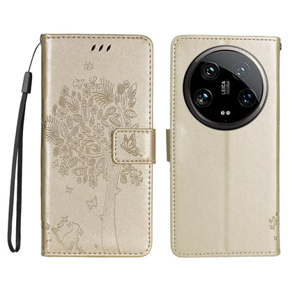 KT Imprinting Flower Series-3 For Xiaomi 14 Ultra Wallet Phone Case Cat Tree Pattern Leather Cover