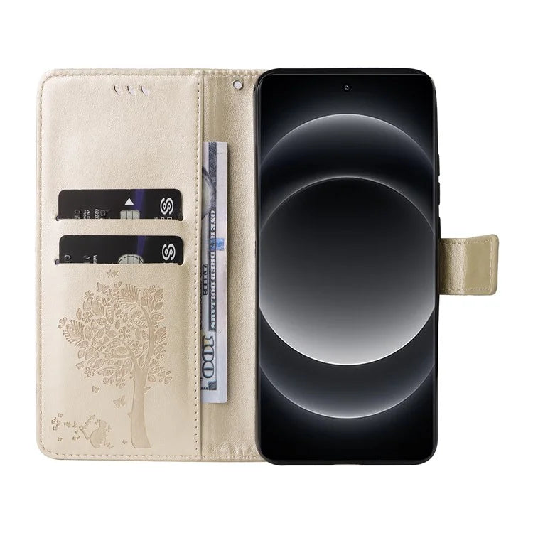 KT Imprinting Flower Series-3 For Xiaomi 14 Ultra Wallet Phone Case Cat Tree Pattern Leather Cover