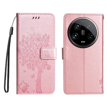 KT Imprinting Flower Series-3 For Xiaomi 14 Ultra Wallet Phone Case Cat Tree Pattern Leather Cover Gold