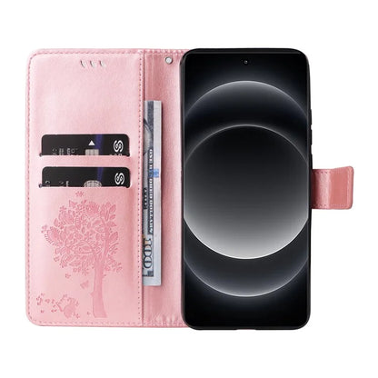 KT Imprinting Flower Series-3 For Xiaomi 14 Ultra Wallet Phone Case Cat Tree Pattern Leather Cover Gold