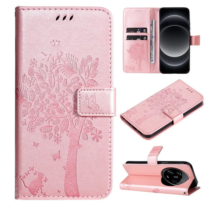 KT Imprinting Flower Series-3 For Xiaomi 14 Ultra Wallet Phone Case Cat Tree Pattern Leather Cover Gold