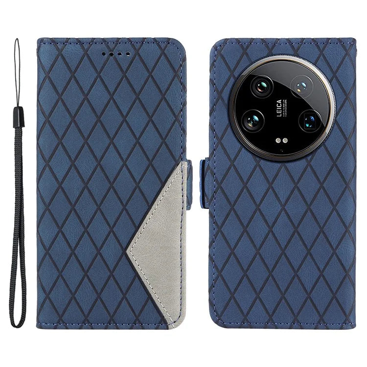 For Xiaomi 14 Ultra Case Imprinted Rhombus Grid Pattern Wallet Phone Cover