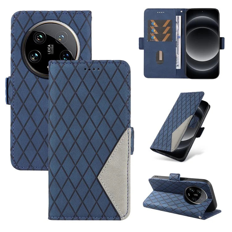 For Xiaomi 14 Ultra Case Imprinted Rhombus Grid Pattern Wallet Phone Cover